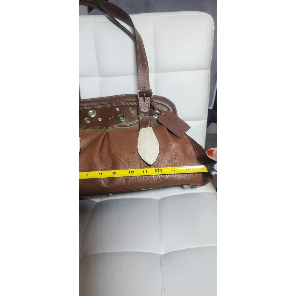 M&H Brown Leather Western‎ Shoulder Bag Cowhide Accents Green Piping Satchel